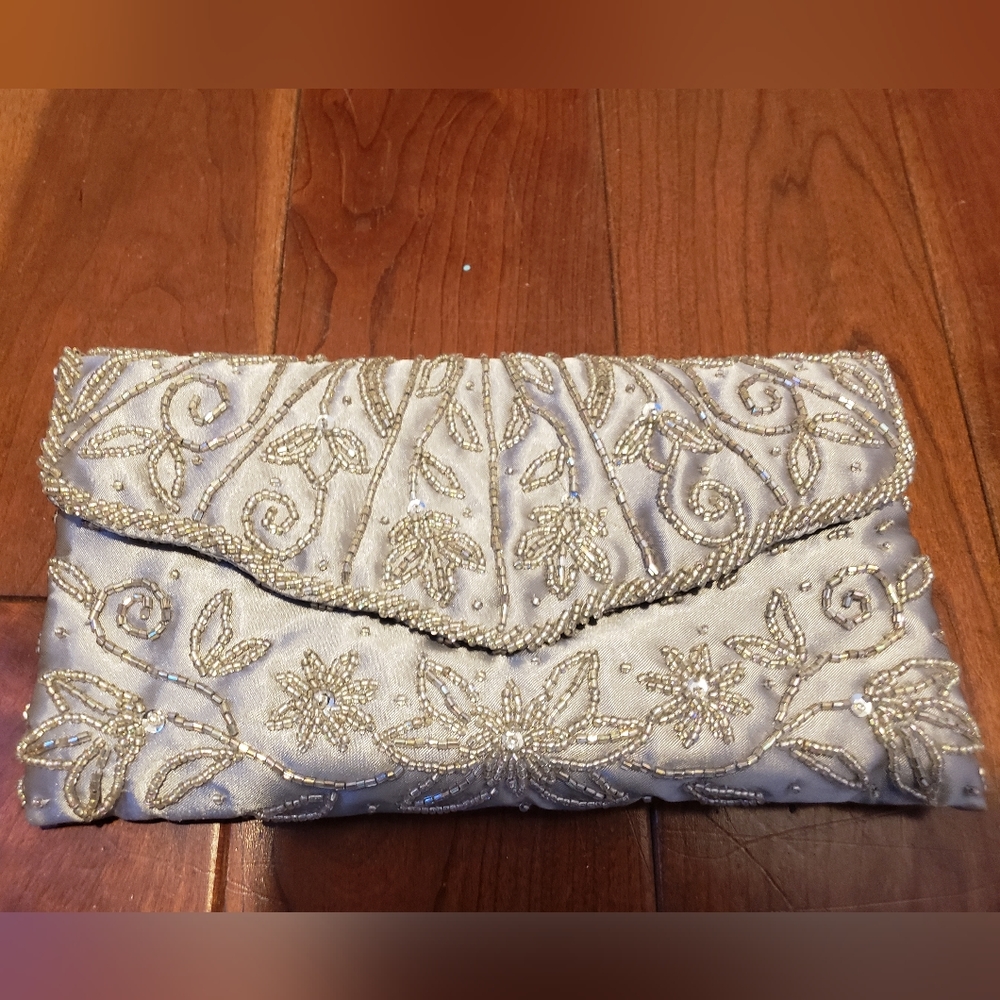 Beautiful Silver Satin Beaded Clutch